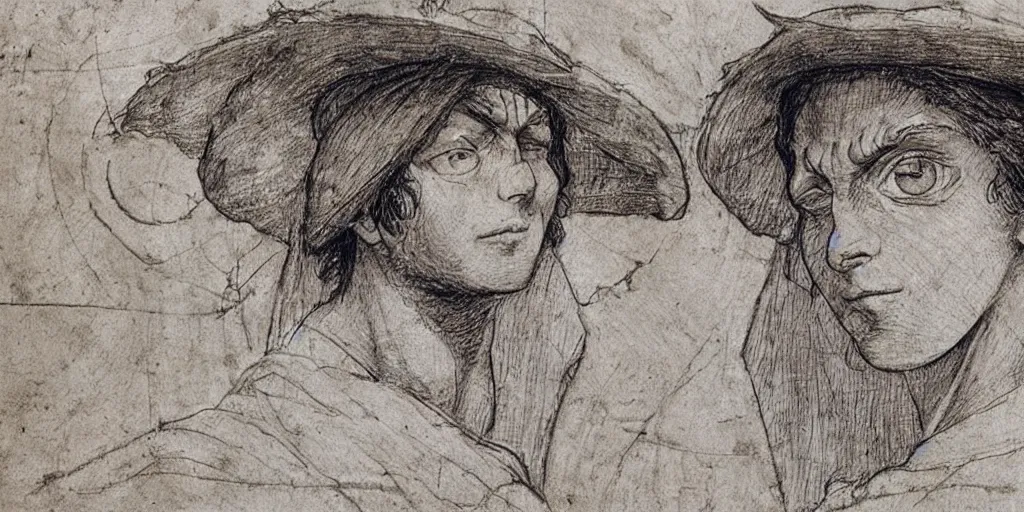 Image similar to leonardo da vinci's technical sketch of luffy, highly detailed