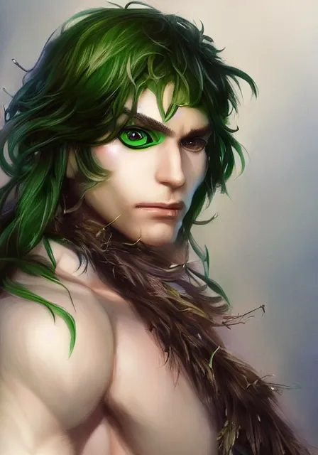 Prompt: A realistic anime portrait of a handsome dryad joker with glowing green eyes and tree bark skin wearing clothes made of leaves, digital painting, by Stanley Artgerm Lau, Sakimichan, WLOP and Rossdraws, digtial painting, trending on ArtStation, SFW version