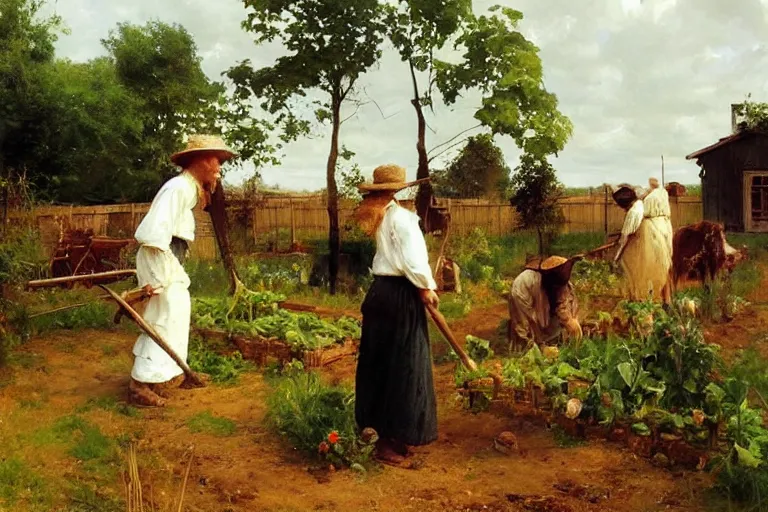 Image similar to simple amish farmers tending to their cottage vegetable gardens, art by anders zorn, wonderful masterpiece by greg rutkowski, beautiful cinematic light, american romanticism thomas lawrence, greg rutkowski