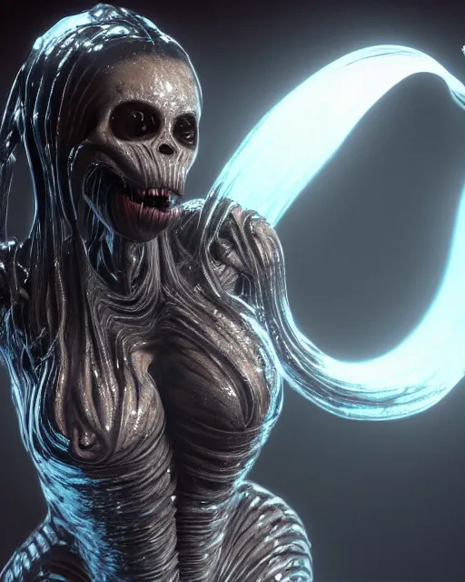 Image similar to film still of kim kardashian being kissed by an xenomorph slathered in a transparent alien liquid, wet flowing hair, gooey skin, illustration, unreal engine 5, 8 k, directed by h. r. giger.