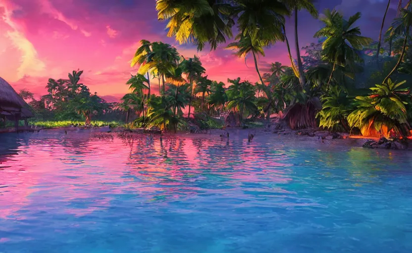 Image similar to a tropical resort in a jungle paradise, with a beautiful red and blue sunset, dynamic lighting, photorealistic fantasy concept art, trending on art station, stunning visuals, creative, cinematic, ultra detailed, ray tracing, sun rays, native tribes, wonderous waters, amazing detail