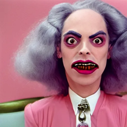 Image similar to Still from a John Waters film about a woman and an anthropomorphic tooth, color 1970