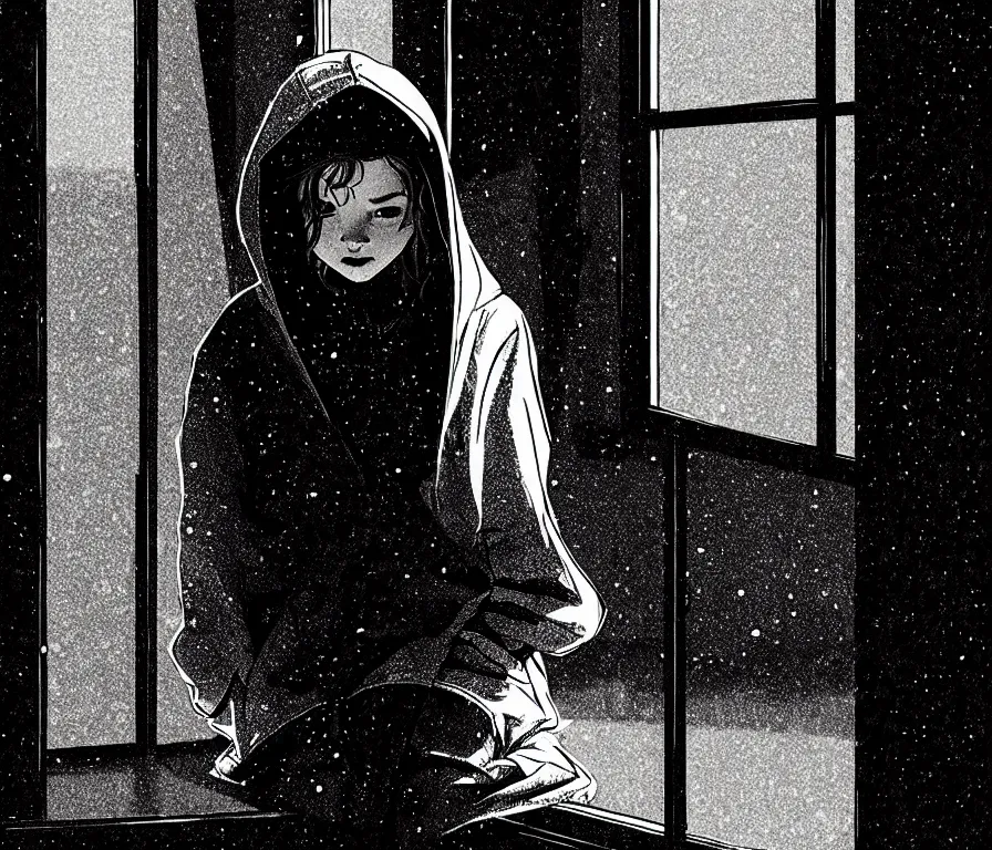 Prompt: sadie sink in hoodie sits on windowsill, knees tucked in | rain falls at night : storyboard, scifi cyberpunk. by saul bass, gabriel hardman, joe alves, j. todd anderson. chris bonura. cinematic atmosphere, detailed and intricate, perfect anatomy