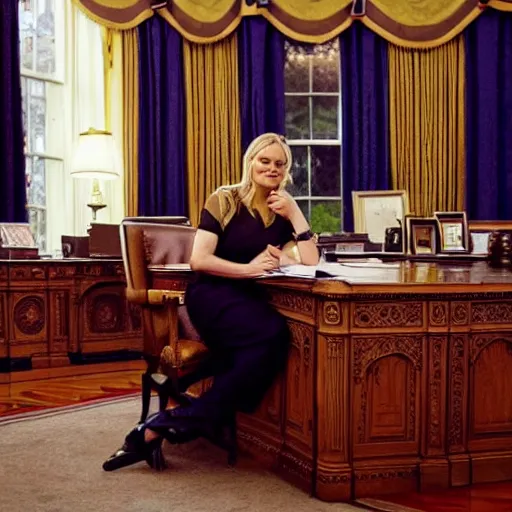 Image similar to oil painting of Amy Poehler sitting at the resolute desk in the oval office