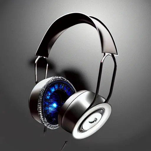 Image similar to photorealistic studio headphones covered in bismuth crystals