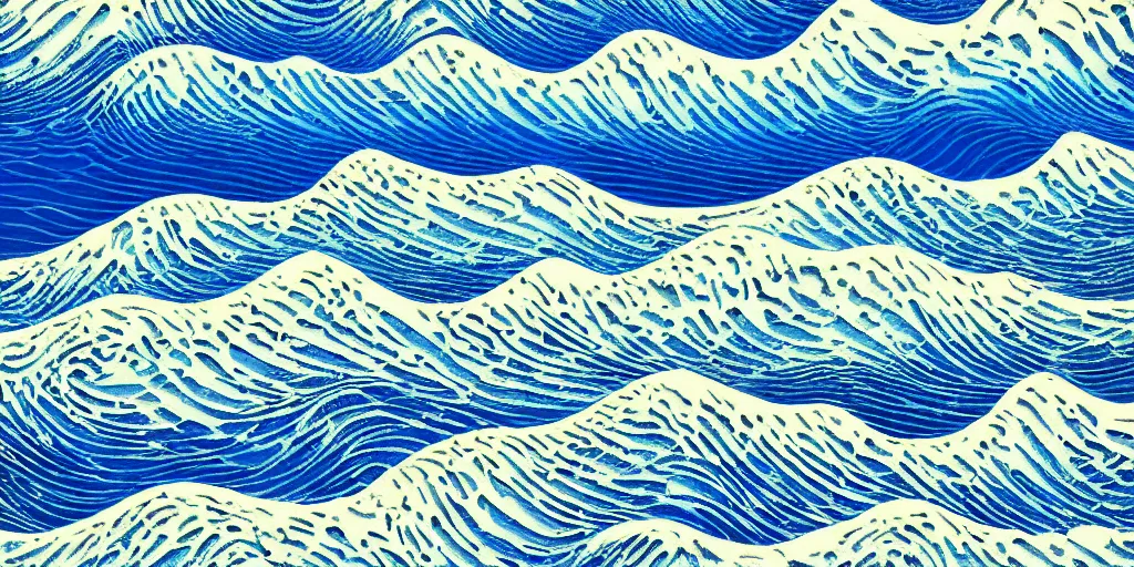 Prompt: clouds and waves, An aesthetically pleasing, dynamic, energetic, lively, complex, intricate, detailed, well-designed digital art of a beach, ripples, waves, sea foam, light and shadow, overlaid with aizome patterns, Shin-hanga by Bob Ross, traditional Japanese colors, superior quality, masterpiece, featured, trending, award winning, HDR, HD, UHD, 4K, 8K, anamorphic widescreen