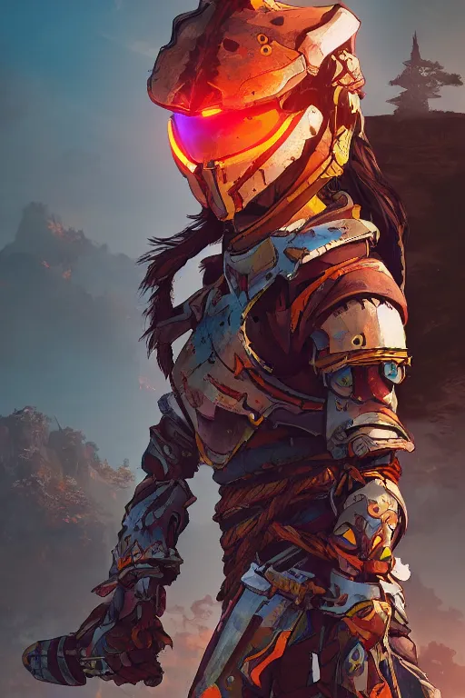 Image similar to combination suit armor aloy horizon forbidden west horizon zero dawn radiating a glowing aura global illumination ray tracing hdr fanart arstation by ian pesty and alena aenami artworks in 4 k tribal robot ninja mask helmet backpack