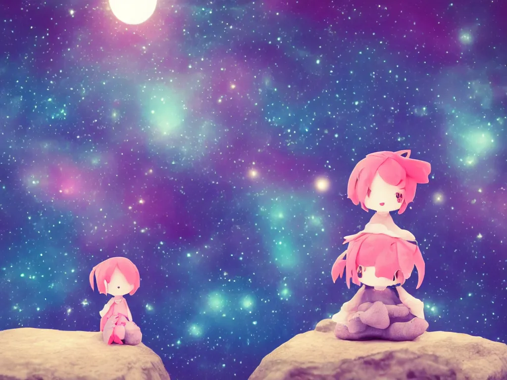 Image similar to cute fumo plush girl sitting on a small island floating in the dark galactic abyss, vignette, bokeh, vray