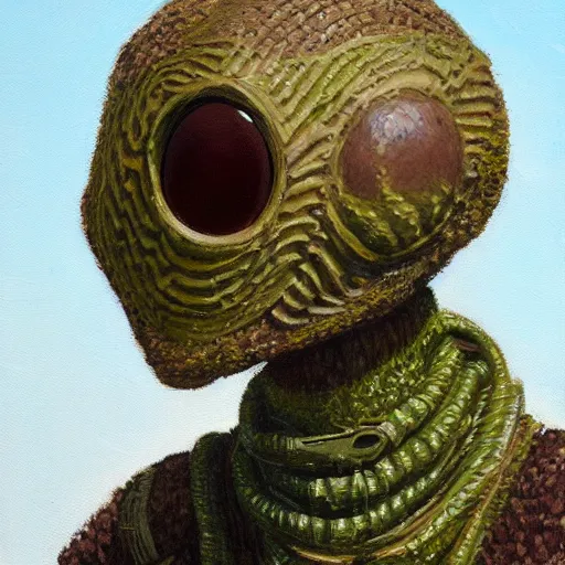 Prompt: portrait of an alien sniper in a ghille suit, oil painting, 8 k, high detailed,