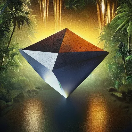 Image similar to peter tarka, minimalistic, hyperrealistic surrealism, award winning masterpiece with incredible details, epic stunning, a highly reflective chrome octahedron with lights coming out of the bottom in the middle of a tropical rainforest, alien structure, highly detailed, trending on ArtStation, golden hour, artgerm and greg rutkowski and alphonse mucha, daily deviation, IAMAG