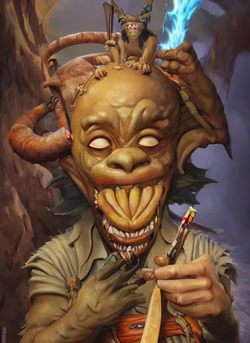 Image similar to boris vallejo and studio ghibli pathfinder 2 e illustration of a goblin mixed with a monkey smoking a cigar, pirate themed, character portrait, unreal engine, hyper realism, realistic shading, cinematic composition, realistic render, octane render, detailed textures, photorealistic, wide shot