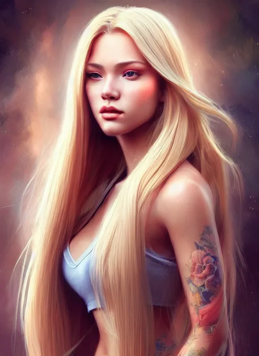 Image similar to image of a gorgeous female with long blonde hair in the style of stefan kostic, realistic, full body shot, wide angle, sharp focus, 8 k high definition, insanely detailed, intricate, elegant, art by stanley lau and artgerm, floating embers