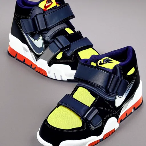 Image similar to retro futuristic Nike air trainer sneakers with straps by syd mead