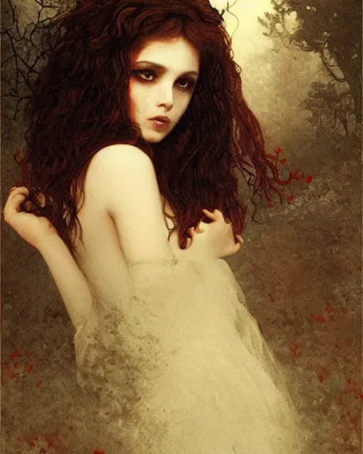 Image similar to a beautiful but sinister girl in layers of fear, with haunted eyes and curly hair, eerie moorlands behind her, 1 9 7 0 s, seventies, delicate embellishments, a little blood, crimson, painterly, offset printing technique, by alexandre cabanel