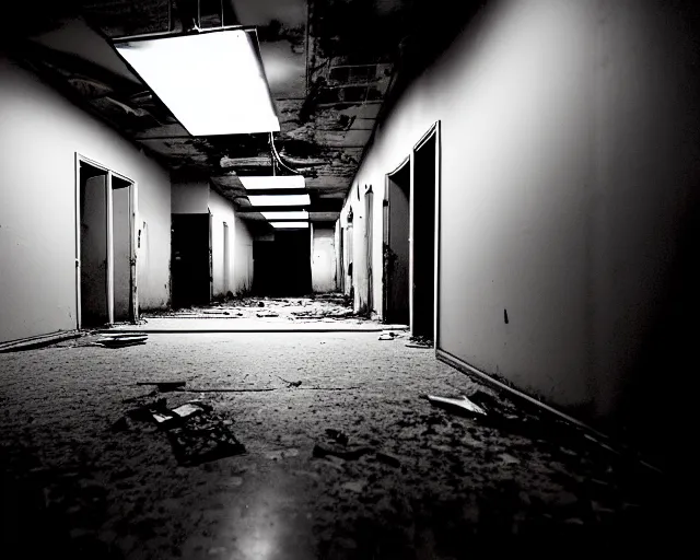 Image similar to the backrooms, the eerie forlorn atmosphere of a place that's usually bustling with people but is now abandoned and quiet, buzzing fluorescent lights above the ceiling, unsettling images, liminal space, dark, white monster standing
