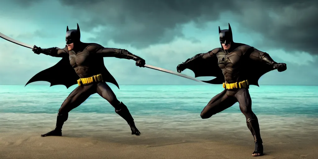 Prompt: batman performing kalaripayattu holding a sword on a beach, cinematic, color graded, volumetric lighting, octane render, ultra realistic