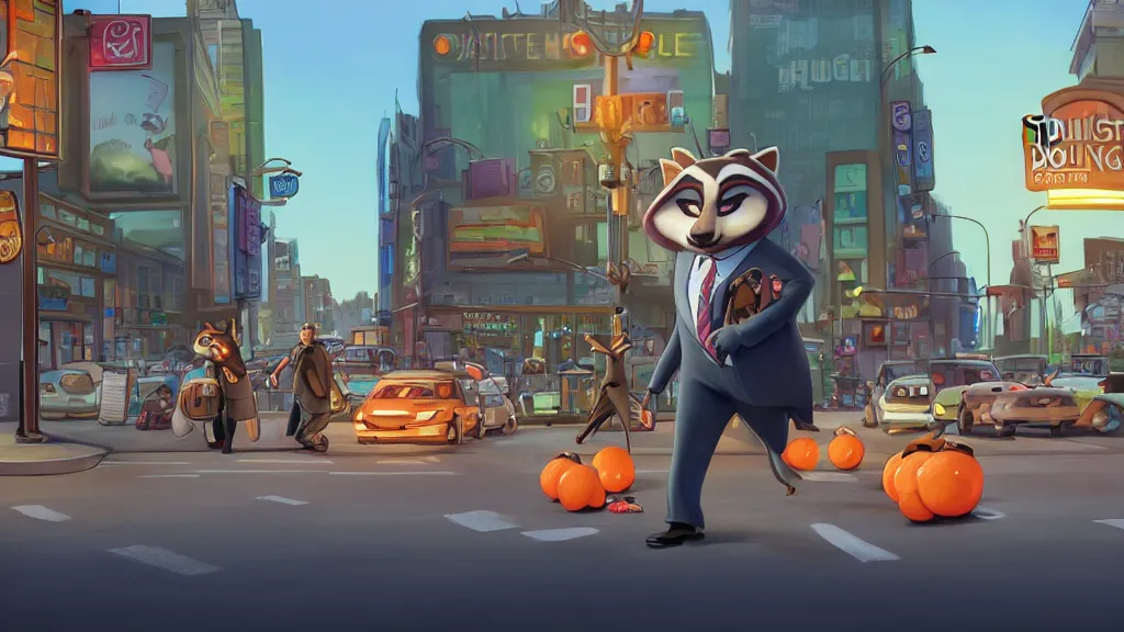 Image similar to An anthropomorphic raccoon businessman is walking down a busy crosswalk at sunset, warm lighting with an orange glow blanketing the cityscape, zootopia, other anthropomorphic characters are walking by him, extremely detailed, HDR, sideview, solemn and moody, many cars and animal people in the background, detailed face and eyes, visible pupils, the ground is wet with many rain puddles, reflections from the water on the ground