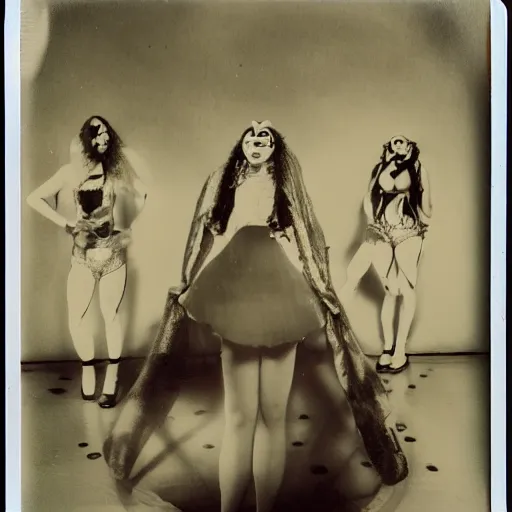 Image similar to polaroid of a surreal artsy dream scene, weird costumes, circus, double exposure