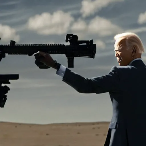 Prompt: joe biden is a terminator shooting donald trump, cinematic, establishing shot, extremly high detail, photorealistic, cinematic lighting, style by James Gurney