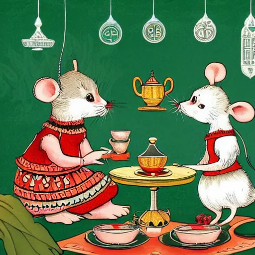 Image similar to russian mouse drinks tea from samovar with her little children, children book illustration, 9 k