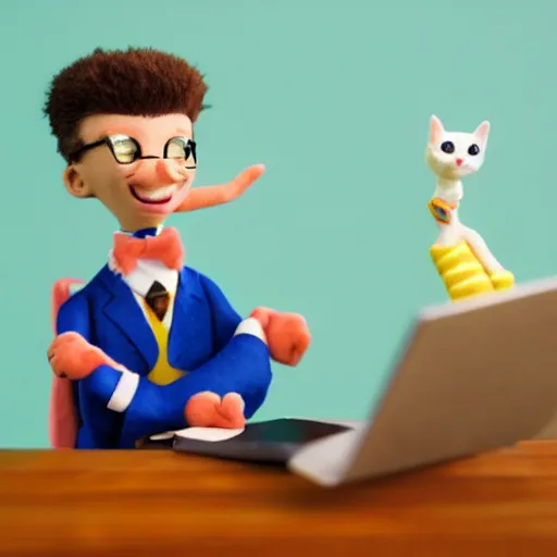 Image similar to a happy and contented cat wearing a business suit, sitting behind desk, selling insurance, disney character, cartoonish, colorful, detailed, claymation, dreamlike, felt, wes anderson