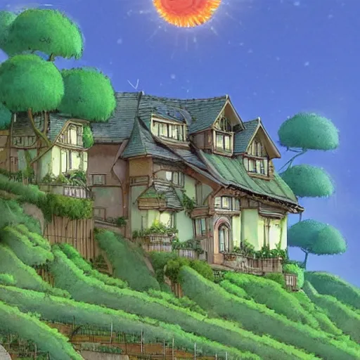 Prompt: ghibli style solarpunk scenery and house on a hill _ h 7 6 8