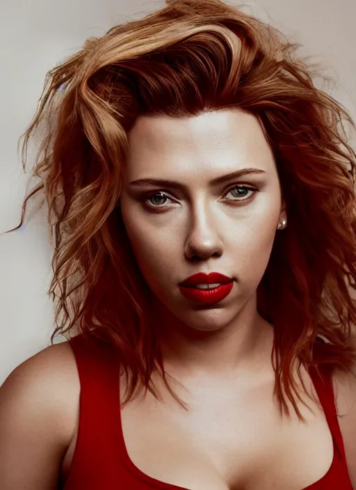 Prompt: portrait of scarlet johansson wearing a red t shirt and short jeans, by charlotte grimm, natural light, detailed face, beautiful features, symmetrical, canon eos c 3 0 0, ƒ 1. 8, 3 5 mm, 8 k, medium - format print, half body shot