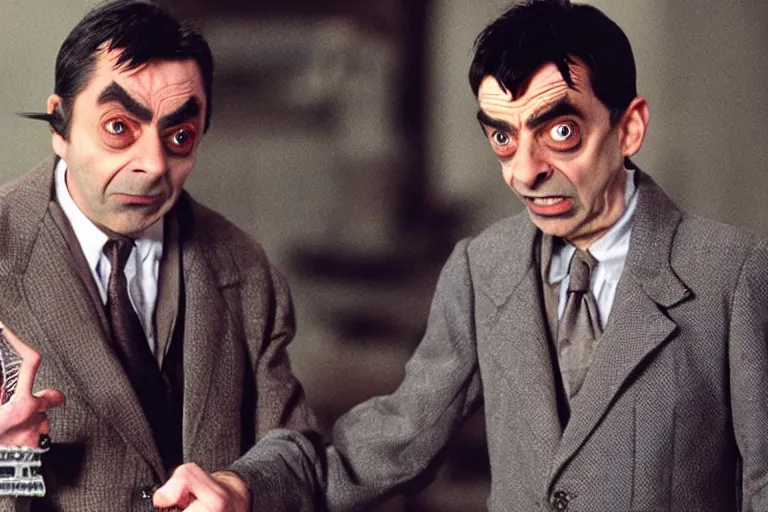 Image similar to VFX movie where Mr. Bean plays Pinhead from Hellraiser production photo