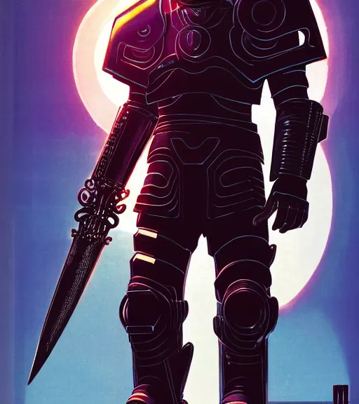 Image similar to a large cyberpunk paladin in rounded heavy plate armor wearing a crusaders helmet he is holding a large long sword in a cyberpunk setting, 1 9 7 9 omni magazine cover, style by vincent di fate, artgerm, cyberpunk 2 0 7 7, very coherent, detailed, 4 k resolution, unreal engine, daz