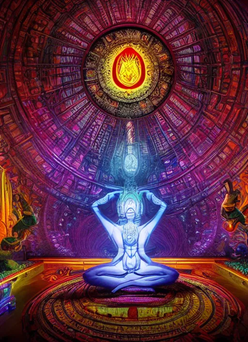 Prompt: breathtakingly beautiful ultrawide angle colour masterpiece weird dream, low angle view from inside a hindu temple, figure meditating close shot, strange beautiful cybertronic temple, incredible sense of depth and perspective and clarity, hyperrealism, realistic, dramatic lighting, leds, arch, symmetry symmetrical, alex grey and moebius and studio ghibli, 8 k