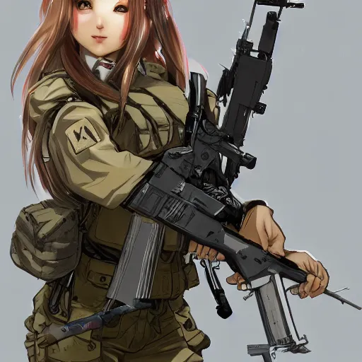 Prompt: soldier girl, army, anime style, long hair, hair down, symmetrical facial features, girls frontline cg, hyper realistic, pale skin, 4 k, rule of thirds, extreme detail, detailed drawing, trending artstation, hd, heavy backpack, d & d, realistic lighting, by alphonse mucha, greg rutkowski, sharp focus, backlit