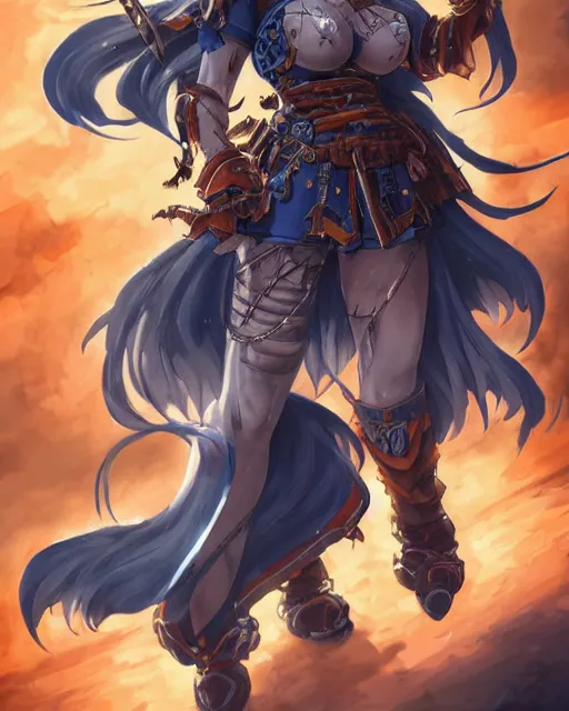 Image similar to An anime portrait of a beautiful D&D half-orc female with long wavy dark blue hair, bright orange eyes, intricate full body armour, fantasy soldier, by Stanley Artgerm Lau, WLOP, Rossdraws, James Jean, Andrei Riabovitchev, Marc Simonetti, and Sakimichan, highly detailed, ultra detailed, golden hour, trending on artstation, cgstudio