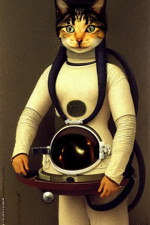 Image similar to portrait of a cat astronaut with japanese armor and helmet, by bouguereau