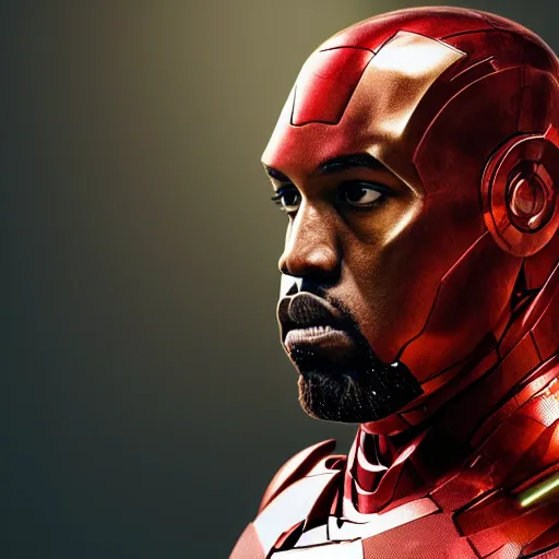 Image similar to Portrait of Kanye West as Ironman, splash art, movie still, cinematic lighting, dramatic, octane render, long lens, shallow depth of field, bokeh, anamorphic lens flare, 8k, hyper detailed, 35mm film grain