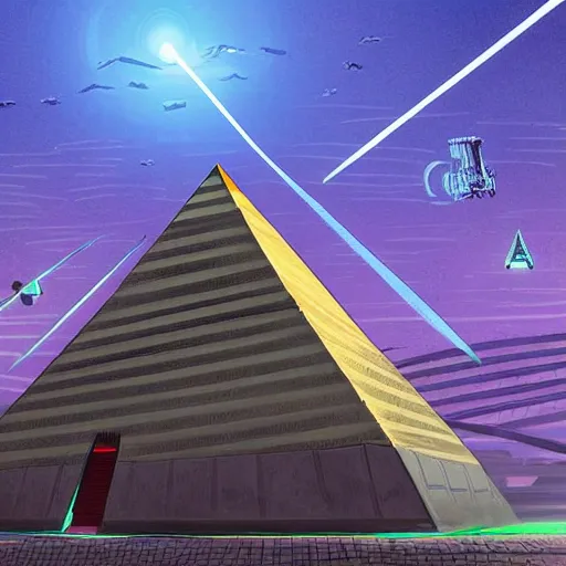 Image similar to flying saucer with a pyramid top shooting at a cyberpunk city, very detailed, realistic, many colors, art by digital image,