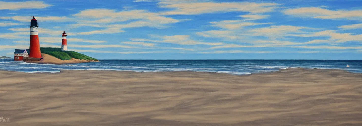 Image similar to super detailed acrylic painting of Prince Edward Island with ocean,a single lighthouse and sand dunes.