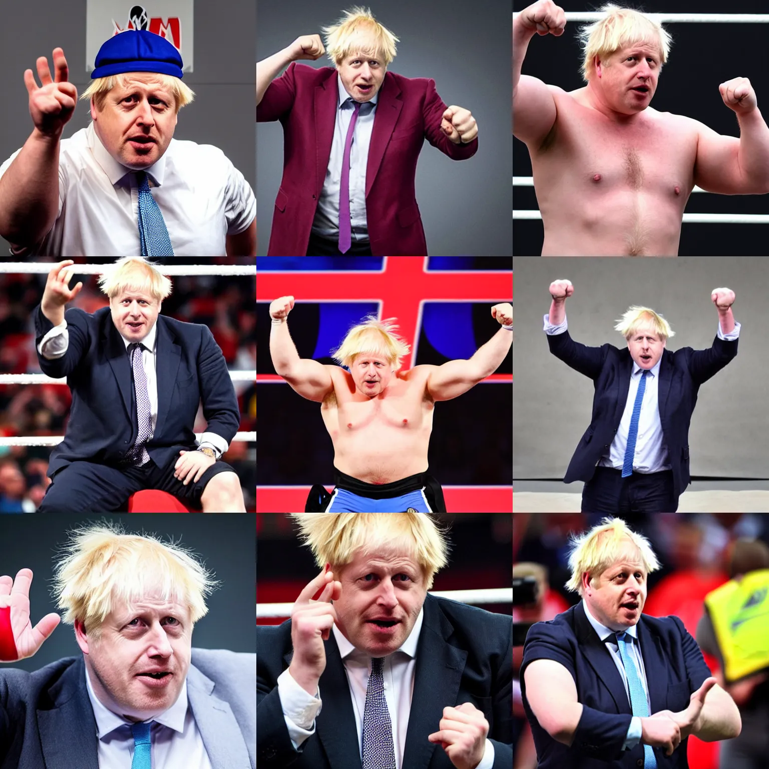 Prompt: boris johnson as an angry muscular wwe wrestler wearing a cap hat. he is staring closely at his open palm
