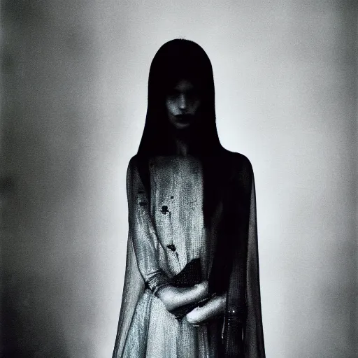 Image similar to a photo portrait of a mysterious eerie shimmering woman in an uncertain world, overtaken by sadness, cinematic, by paolo roversi,