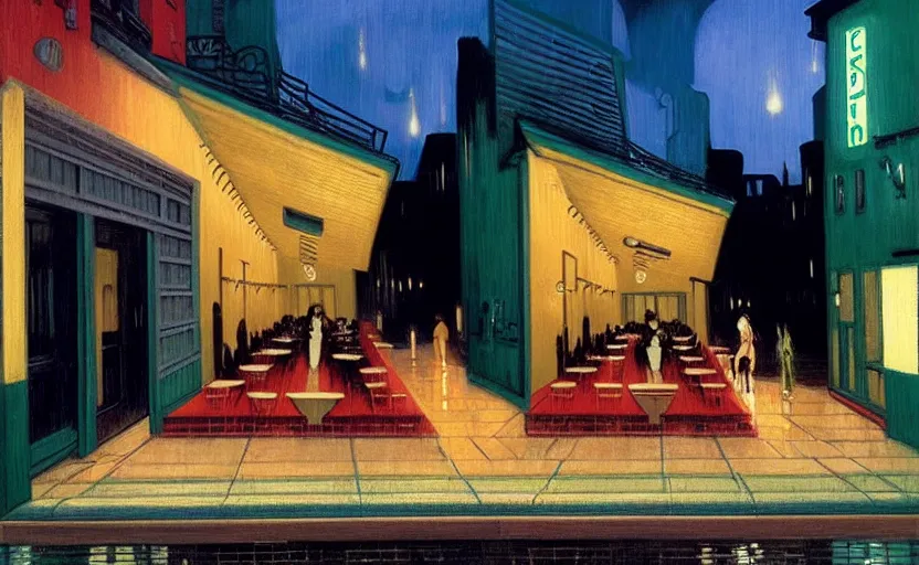 Image similar to exterior of cyberpunk restaurant during a melancholy rainy night by hopper, edward