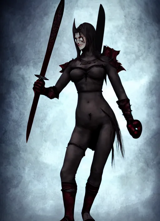 Prompt: full - body, female vampire holding a two - handed greatsword with both hands, lean and muscular, flying, barefoot, kickboxing foot wraps, exposed toes, black heavy armor, historical armor, metal mask, enchanting, elegant, smiling, ghostblade, wlop, modern fantasy, realistic proportions.