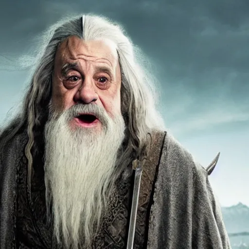 Prompt: danny devito starring as gandalf the white in the 2 0 2 4 lord of the rings movie, full body, hyper realistic, high quality, wide angle, always sunny in philadelphia, with hat