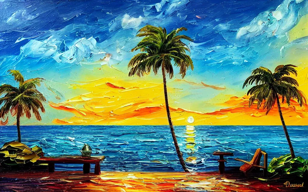 Image similar to in a sea is a tiny island surrounded by water with a cute cozy cottage with a terrace, a paved courtyard with benches a fountain and string lights, palm trees, sunset, puffy clouds, dramatic and dynamic lighting, thick brush strokes oil impasto painting