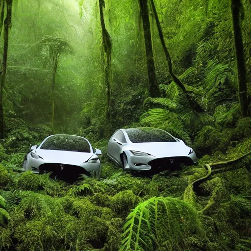 Image similar to A cinematographic 30mm shot of crashed white tesla cars resembling skeletons of whales outgrown by moss, vines and ferns, submerged in a lush and dense forest, dusk light filtering from the trees below. The scene is apocalyptic, eerie but serene, volumetric, 8k, high resolution