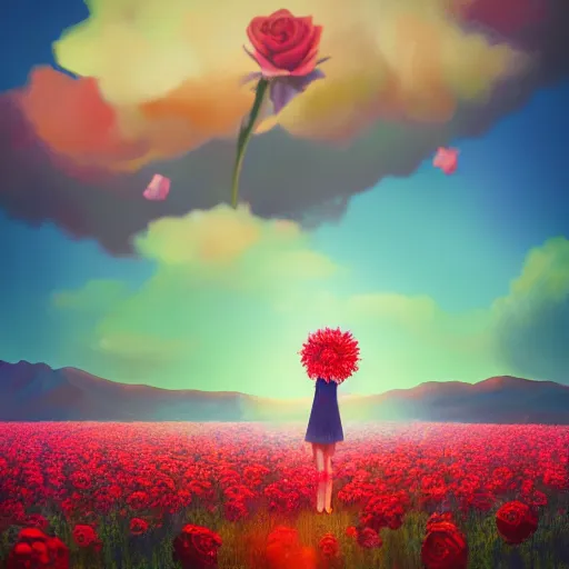 Image similar to giant rose flower head, full body girl standing in a flower field, surreal photography, sunrise, dramatic light, impressionist painting, colorful clouds, digital painting, artstation, simon stalenhag