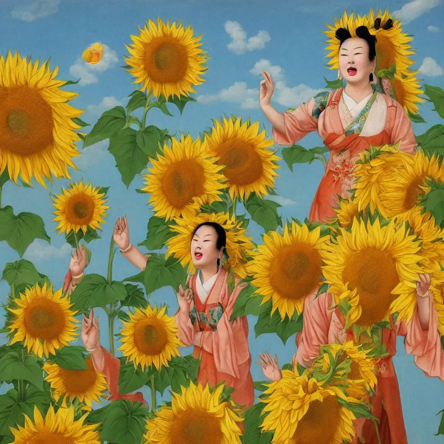 Prompt: The Chinese female deity of sunflowers dancing and singing to the world. Artwork by Raphael Hopper, and Rene Magritte. Detailed, romantic, enchanting, trending on ArtStation.