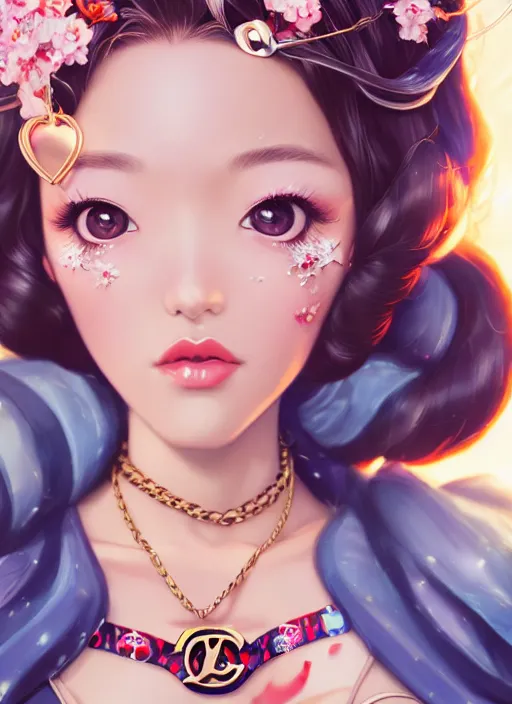 Image similar to a pin up and beautiful fashion dreamlke japan girl with lv jewelry, character art, art by artgerm, wlop, loish, hyperdetailed, 8 k realistic, symmetrical, global illumination, radiant light, frostbite 3 engine, cryengine, dof, trending on artstation, digital art, chanel, dior, detailed background