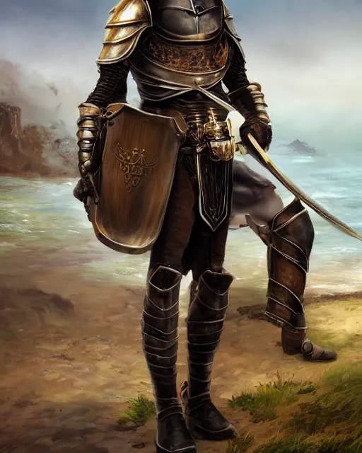 Image similar to Young man, lanky, pale, short black hair, wearing armor made of leather, holding a tankard of ale, digital art, realistic, detailed, trending on artstation, sea in the background