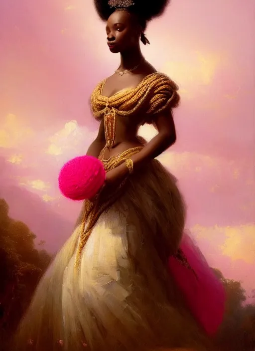 Prompt: stunning african princess, detailed pink and white protea inspired gown against a black backdrop by ivan aivazovsky, wlop, oil painting, beautiful soft lighting, vintage, rococo, muted colours, artstation