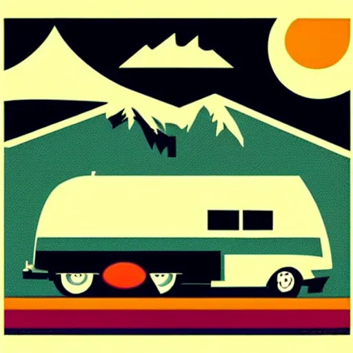 Image similar to a white and black cute thor chateau! motorhome camper!!, mountains, colorful sunset!!, stencil art by tom whalen