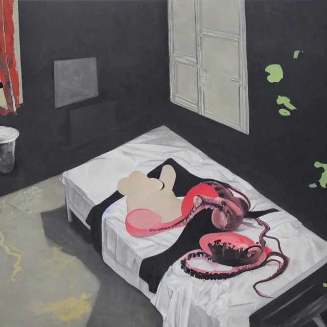 Prompt: empty room with black walls, sensual portrait of a woman sleeping, japanese vase, white flowers, puddle of water, octopus, squashed berries, neo - expressionism, surrealism, acrylic and spray paint and oilstick on canvas